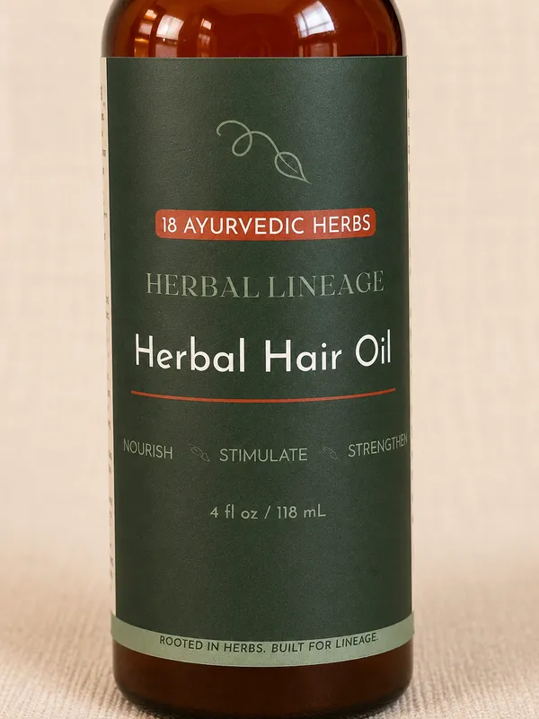 Herbal Hair Oil amber applicator bottle with green label and terracotta 18 Ayurvedic Herbs badge, on cream linen