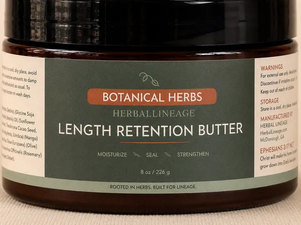 Length Retention Butter amber jar, green label with terracotta Botanical Herbs badge, on cream linen