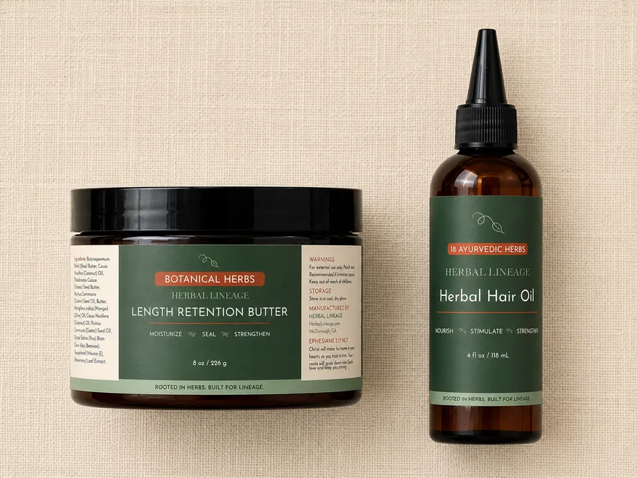 The Repair & Retain Growth Bundle: Length Retention Butter jar and Herbal Hair Oil bottle on cream linen